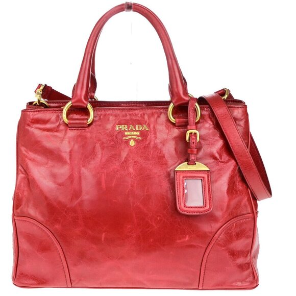 PRADA Logo 2Way Shoulder Hand Bag Leather Red - Picture 1 of 15
